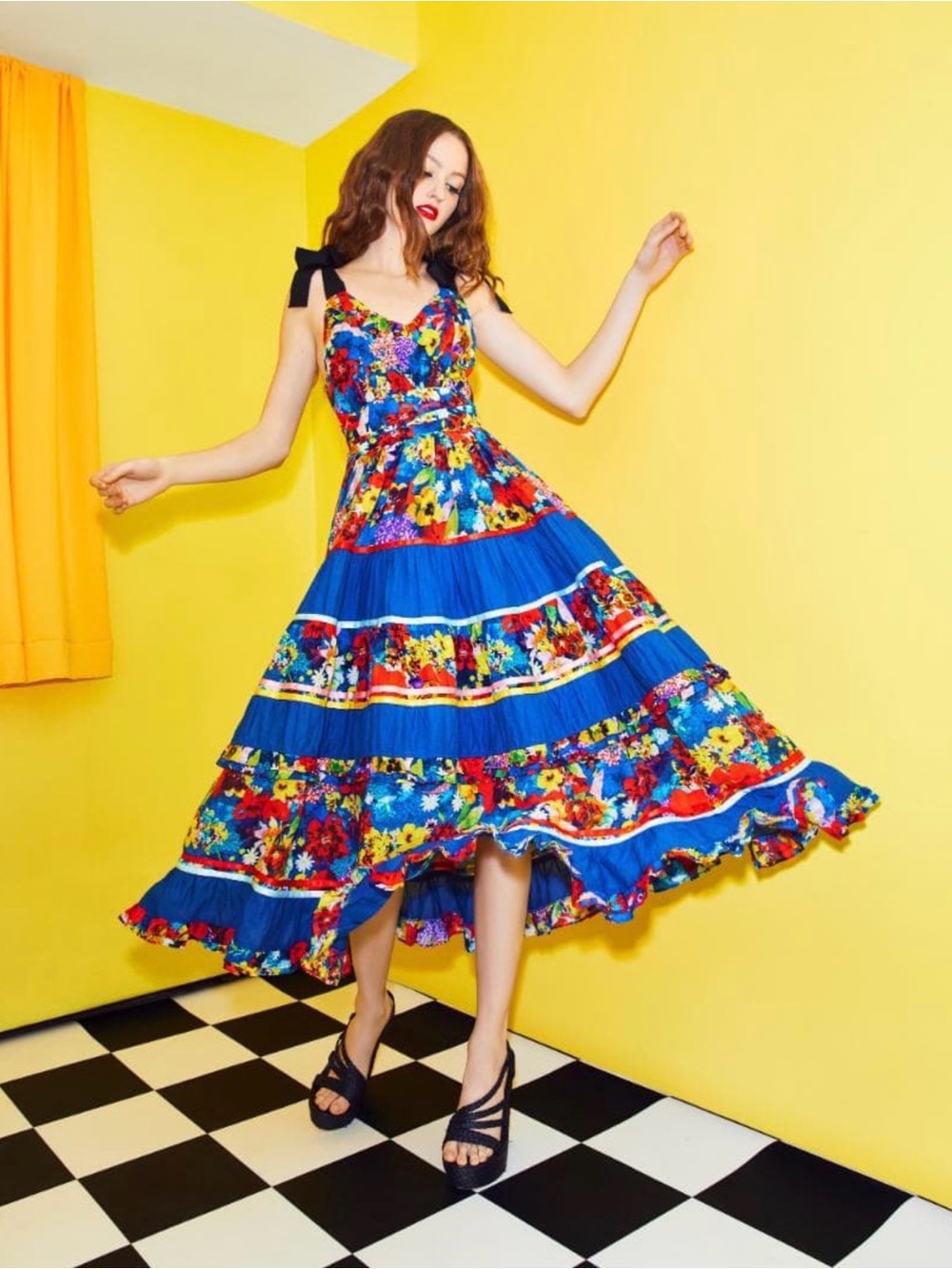 Alice + Olivia Blue/Multicolor Floral V-Neck Strappy Sleeve Midi Dress Ruffle 4